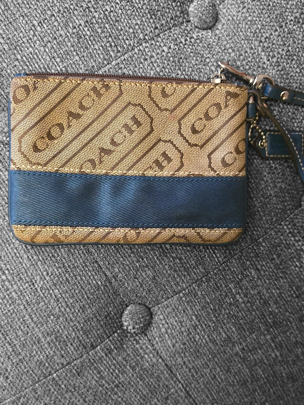 Coach Brown Signature Canvas Wristlet with Blue Stripe